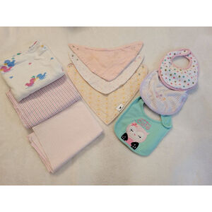 Baby Girl Accessories Bundle Bibs Bandanas Receiving Blankets